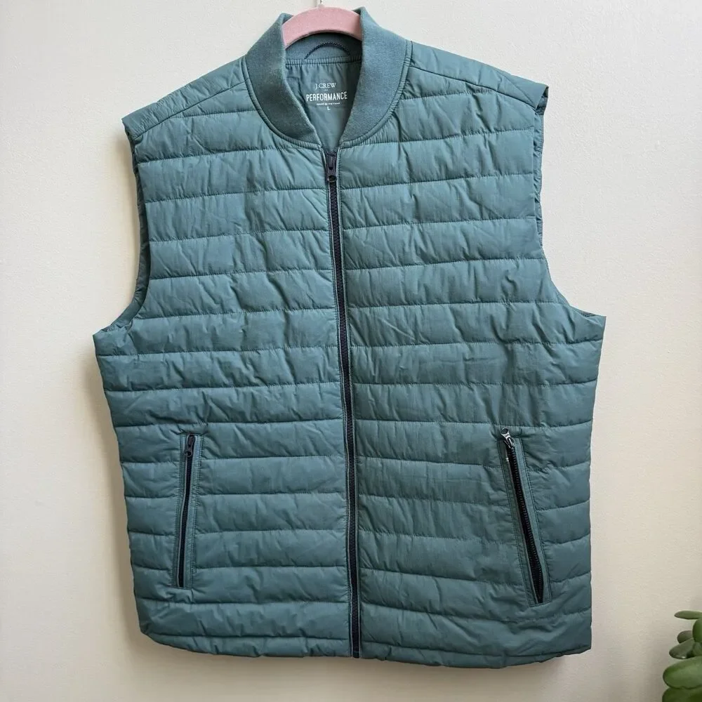 J. Crew Green Mens Performance Full Zip Quilted Puffer Vest Jacket Outdoors Sz M